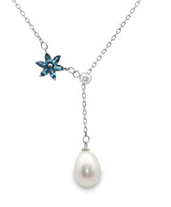 Sterling Silver Blue Topaz Flower and Pearl Necklace