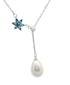 Sterling Silver Blue Topaz Flower and Pearl Necklace