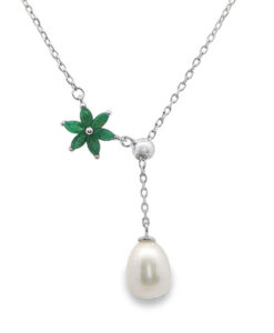 Sterling Silver Emerald Flower and Pearl Necklace