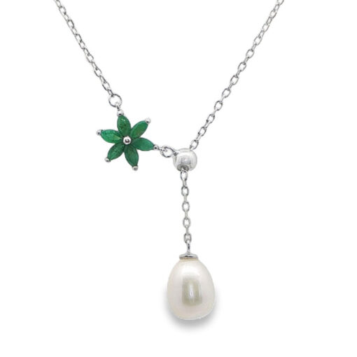 Sterling Silver Emerald Flower and Pearl Necklace