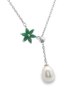 Sterling Silver Emerald Flower and Pearl Necklace