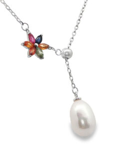 Sterling Silver Rainbow Sapphire and Pearl Necklace