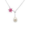 Sterling Silver Ruby Flower and Pearl Necklace