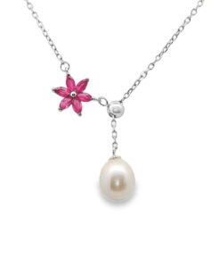 Sterling Silver Ruby Flower and Pearl Necklace
