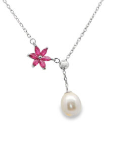 Sterling Silver Ruby Flower and Pearl Necklace