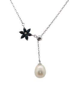 Sterling Silver Sapphire Flower and Pearl Necklace