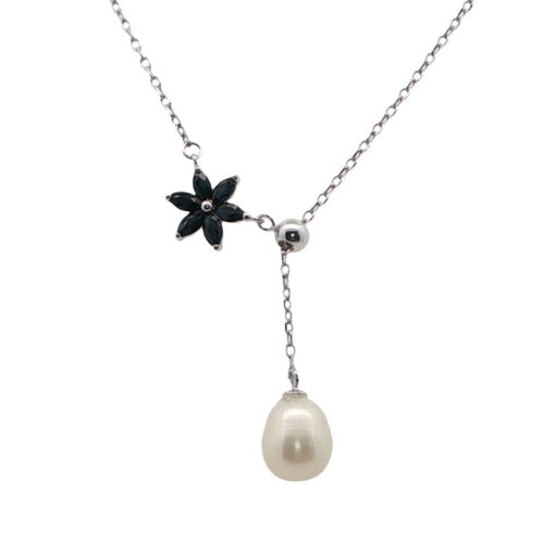 Sterling Silver Sapphire Flower and Pearl Necklace