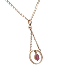 side view of vintage 9ct rose gold ruby necklace
