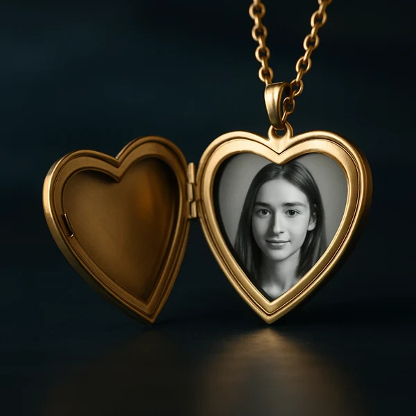 Paper template and trimmed photo being fitted into a vintage locket