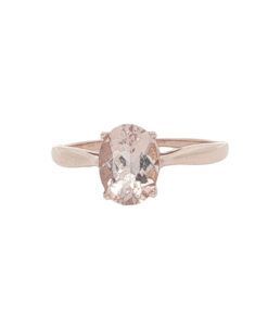 10ct rose gold ring with oval-cut morganite gemstone, front view.