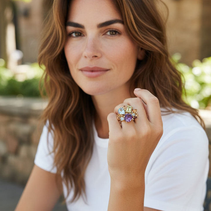 9ct Gold Rainbow Multi Gem Cluster Ring - Image 7