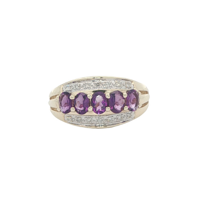 9ct Gold Amethyst & Diamond Band Ring