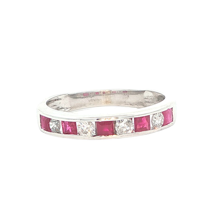9ct White Gold Diamond and Ruby Band Ring