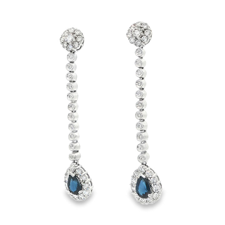 18ct White Gold Diamond & Sapphire Drop Earrings - Image 2