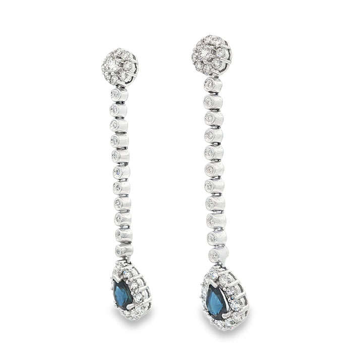 18ct White Gold Diamond & Sapphire Drop Earrings - Image 3