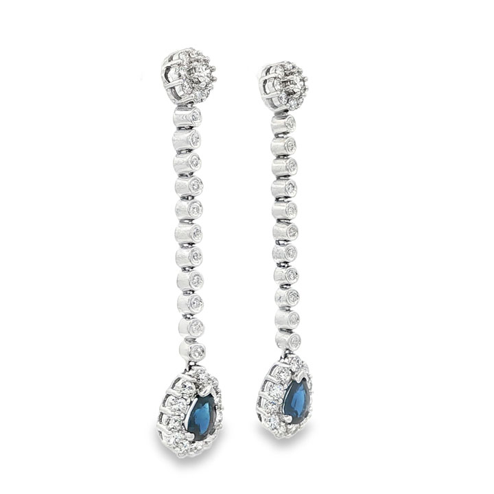 18ct White Gold Diamond & Sapphire Drop Earrings - Image 4