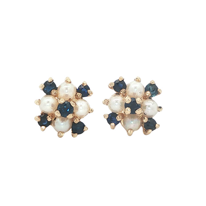 9ct Gold Sapphire and Pearl Cluster Earrings - Image 2