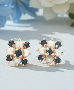 9ct Gold Sapphire and Pearl Cluster Earrings