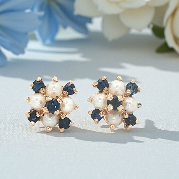 9ct Gold Sapphire and Pearl Cluster Earrings