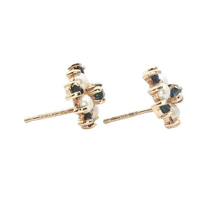 9ct Gold Sapphire and Pearl Cluster Earrings - Image 3