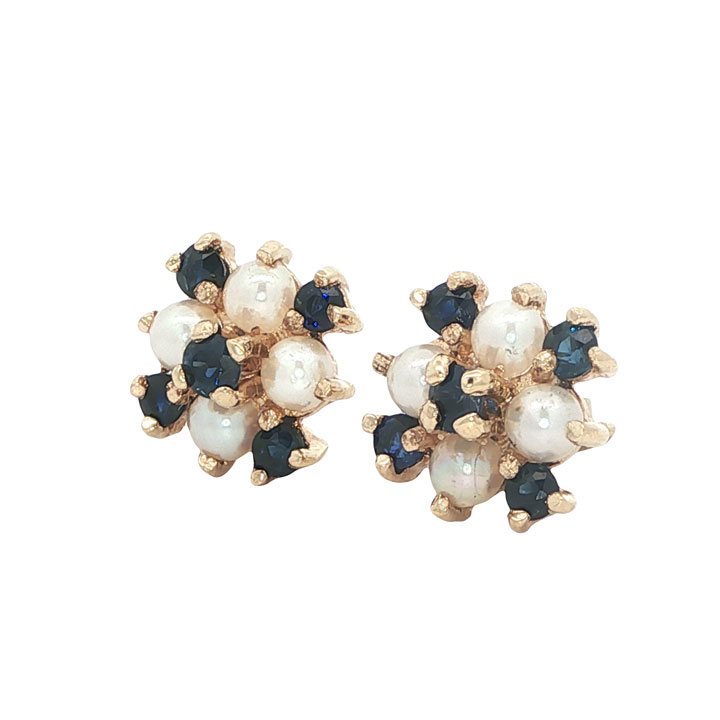 9ct Gold Sapphire and Pearl Cluster Earrings - Image 4