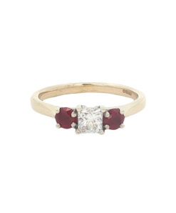 9ct Yellow Gold Diamond .25ct and Ruby Trilogy Ring