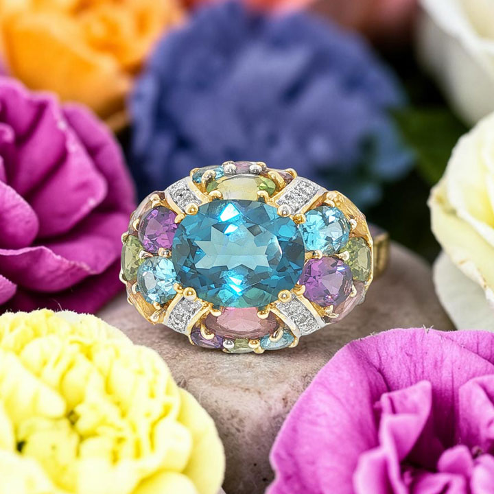 9ct Gold Rainbow Multi Gem Cluster Dome Ring
