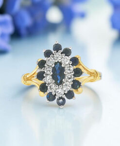 Vintage 18ct Gold Diamond & Sapphire Cluster Ring with flowers