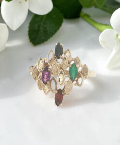 Vintage 9ct Gold Emerald, Sapphire, Amethyst and Garnet Ring