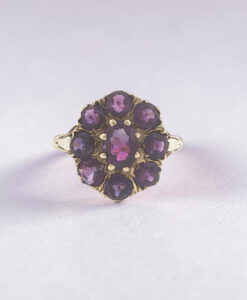 Vintage 9ct Yellow Gold Amethyst Cluster Ring - London 1975