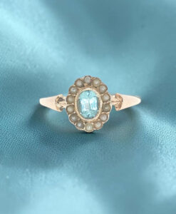 Antique 9ct Yellow Gold Blue Topaz Pearl Cluster Ring Size M 1/2