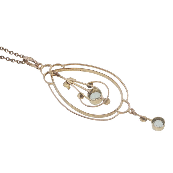 Antique Edwardian 9ct Yellow Gold Aquamarine & Pearl Lavalier Necklace - Image 5