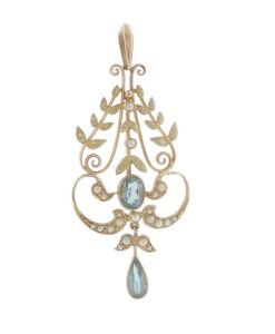 Antique Edwardian 15ct Gold Aquamarine & Seed Pearl Lavalier Pendant