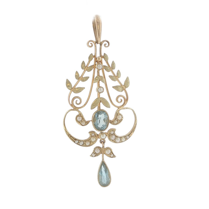 Antique Edwardian 15ct Gold Aquamarine & Seed Pearl Lavalier Pendant