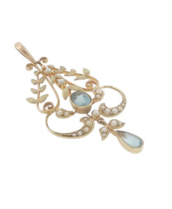 Antique Edwardian 15ct Gold Aquamarine & Seed Pearl Lavalier Pendant