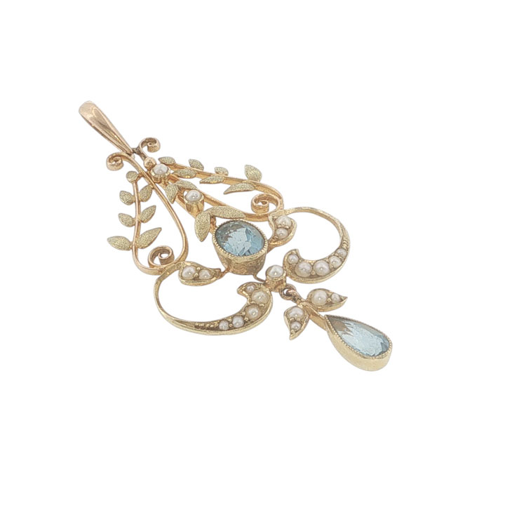 Antique Edwardian 15ct Gold Aquamarine & Seed Pearl Lavalier Pendant