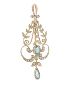 Antique Edwardian 15ct Gold Aquamarine & Seed Pearl Lavalier Pendant