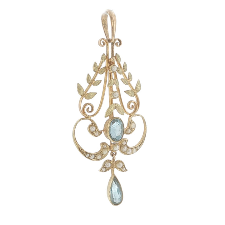 Antique Edwardian 15ct Gold Aquamarine & Seed Pearl Lavalier Pendant