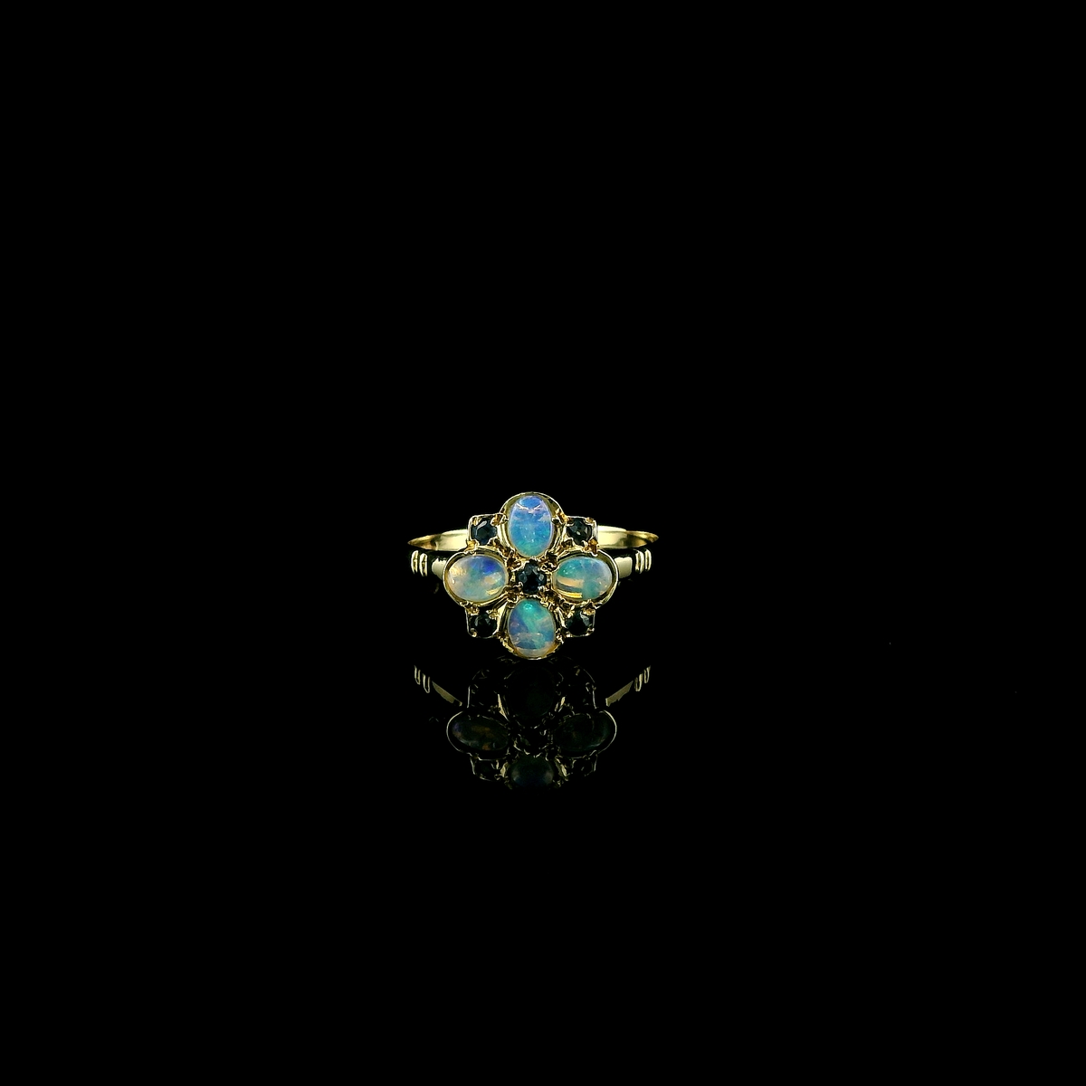 9ct Gold Opal & Sapphire Floral Cluster Ring