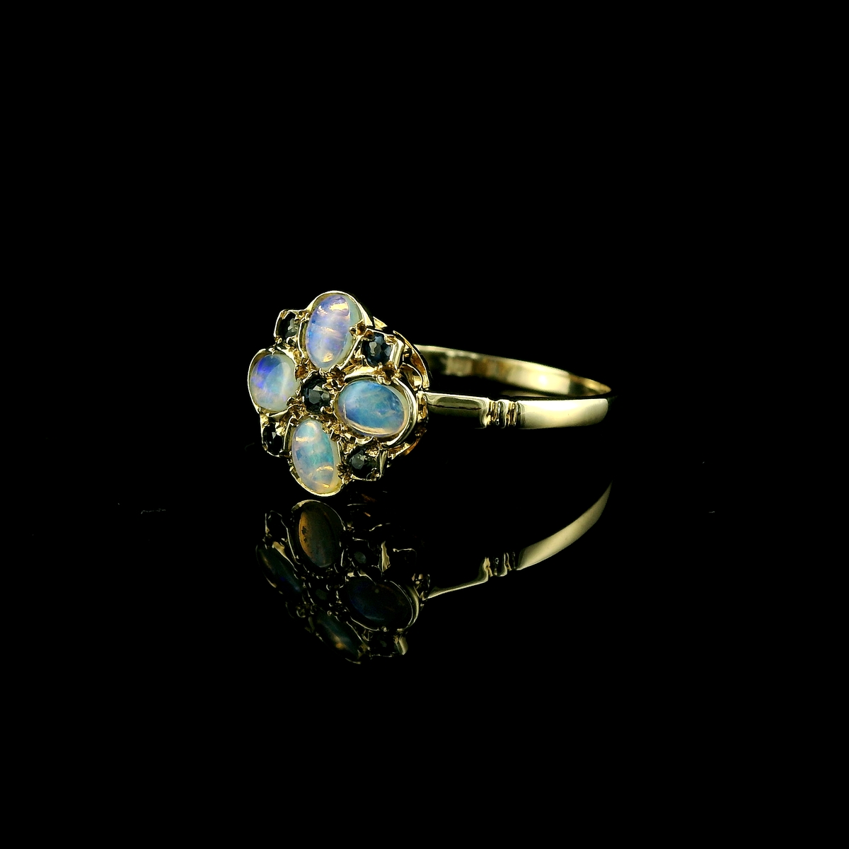 9ct Gold Opal & Sapphire Floral Cluster Ring