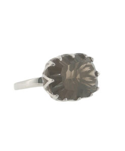Sterling silver smoky quartz statement ring with large faceted oval gemstone and decorative openwork claw setting.
