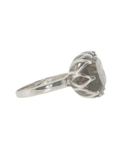 Sterling silver smoky quartz statement ring with large faceted oval gemstone and decorative openwork claw setting.