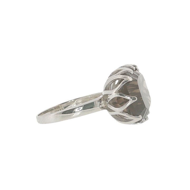 Sterling silver smoky quartz statement ring with large faceted oval gemstone and decorative openwork claw setting.