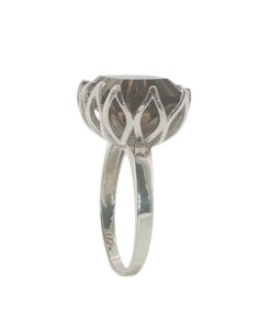 Sterling silver smoky quartz statement ring with large faceted oval gemstone and decorative openwork claw setting.
