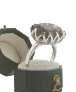 Sterling silver smoky quartz statement ring with large faceted oval gemstone and decorative openwork claw setting.