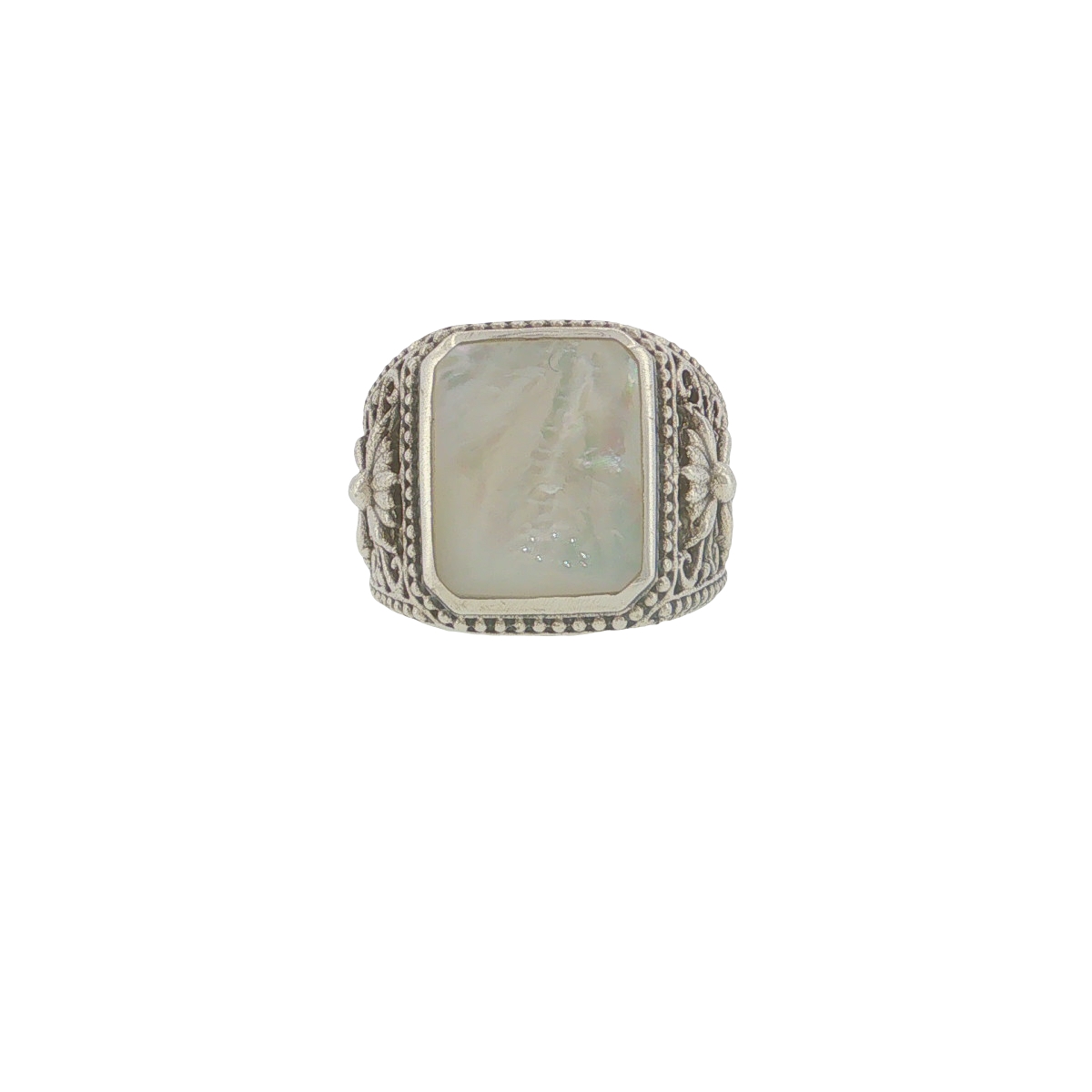 Sterling Silver Mother of Pearl Floral Filigree Ring
