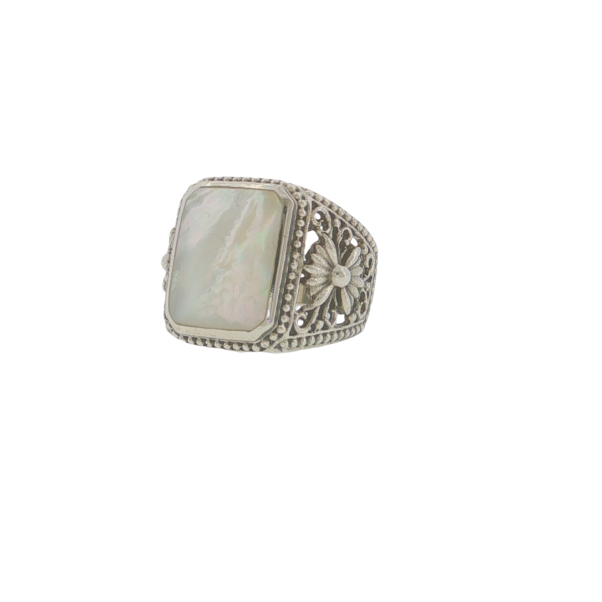 Sterling Silver Mother of Pearl Floral Filigree Ring
