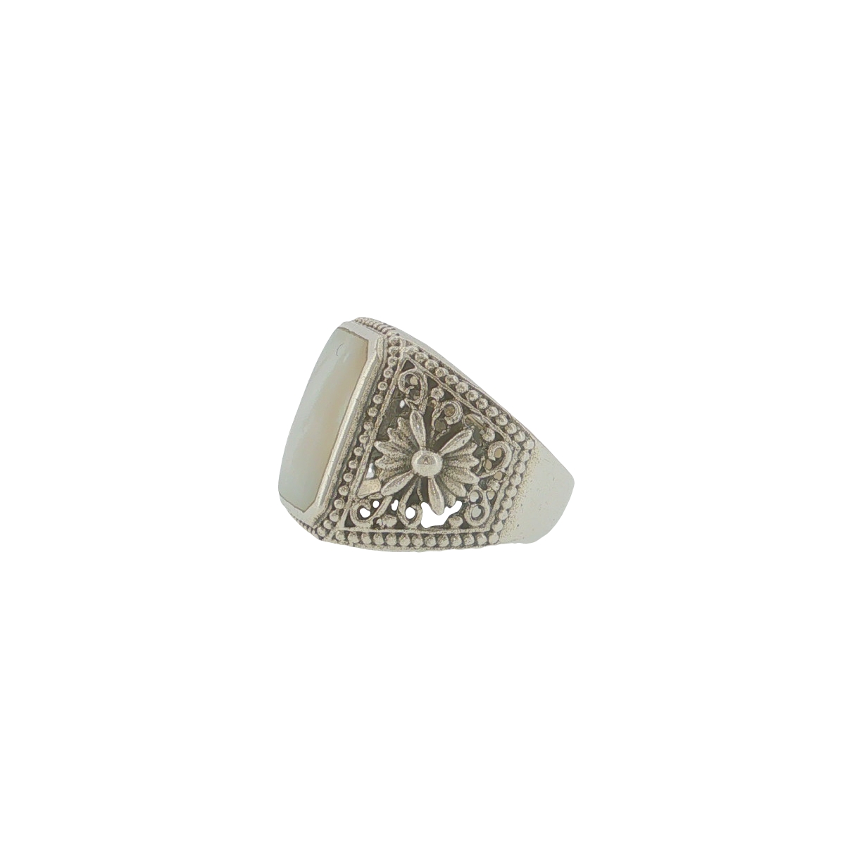 Sterling Silver Mother of Pearl Floral Filigree Ring